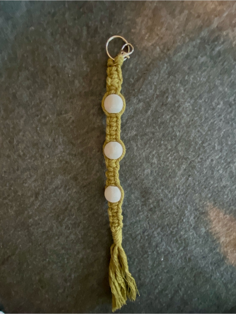 Handwoven Green Macrame Keychain with White Beads